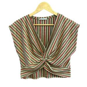 Zara Trafaluc Women's Striped Knit V Neck Crop Top Size S/M Metallic Accents